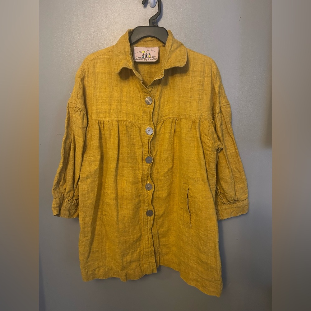 Dancing Ladies Shirt - 100% hemp mustard oversized button front Art to Wear